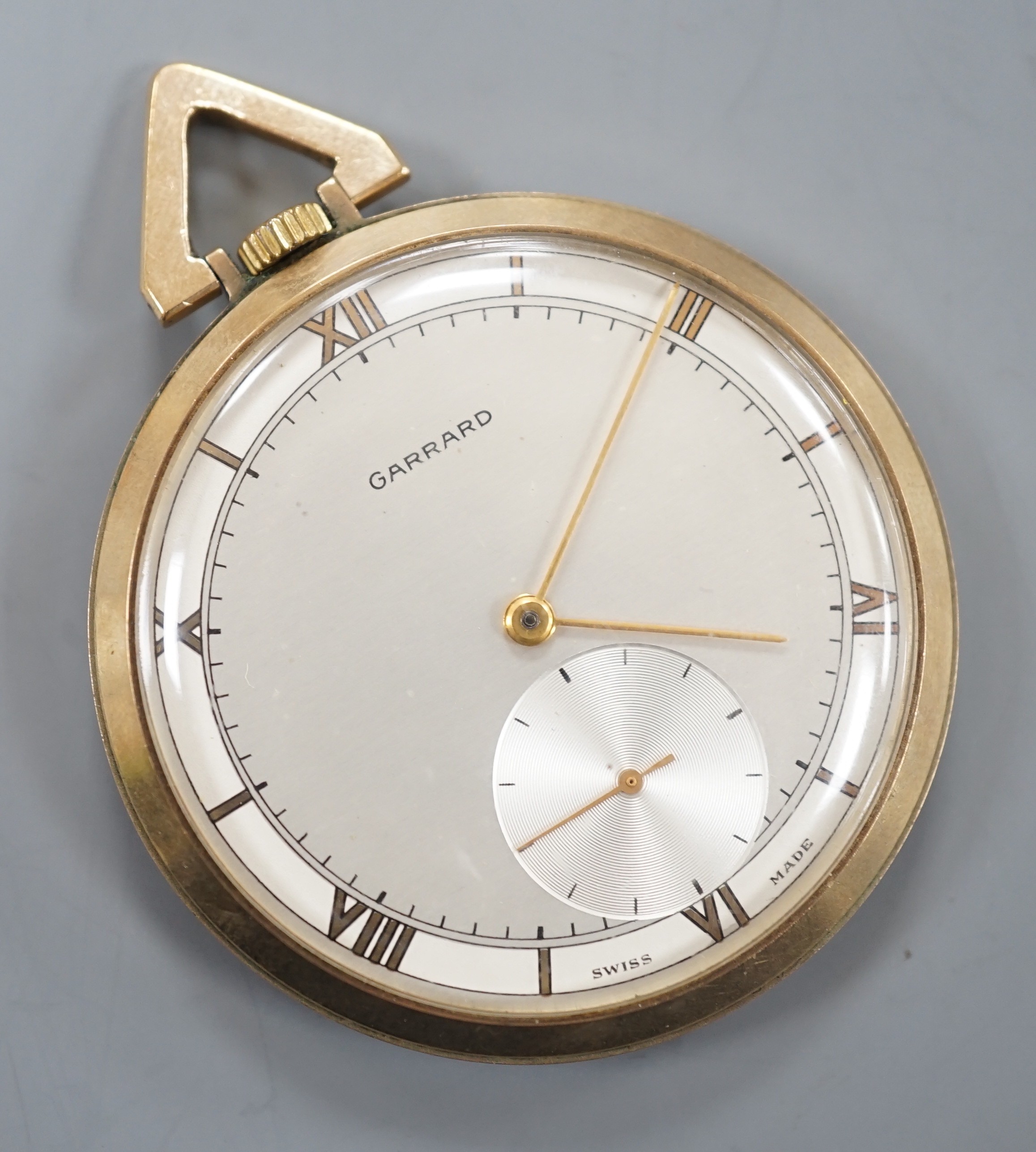 A modern 9ct gold Garrard keyless dress pocket watch, with Roman dial and subsidiary seconds, case diameter 45mm, gross weight 52.9 grams, with case back inscription.